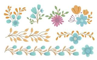 Vektor-Blumen-Clip-Art-Set. handgezeichnete flache trendige illustration mit blumen, blättern, zweigen. wiese, wald, waldelemente lokalisiert auf weißem hintergrund. vektor