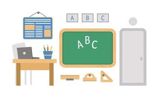 vektor tom skolklassrumsillustration. platt klassrumsinredning med tavla, lärarbord, böcker, dörr. tillbaka till skolan eller lektion koncept
