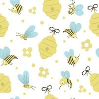 vektor handritad platt sömlösa mönster med bikupa, bin, blommor. söt rolig barnslig upprepande bakgrund på honungsproduktionstema. söt insekt prydnad för barn design.