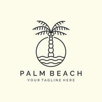 Palm Beach med emblem och linjekonst stil logotyp ikon malldesign. kokospalm, våg vektor illustration