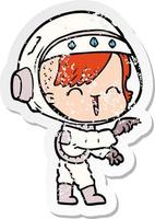 beunruhigter Aufkleber eines Cartoon-Astronautenmädchens, das zeigt und lacht vektor