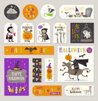 uppsättning halloween presentetiketter och etiketter med seriefigurer, hälsningar, semester tecken och symbol. vektor illustration.