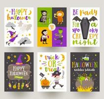 uppsättning halloween affischer eller gratulationskort med seriefigurer, semester tecken, symboler och typ design. vektor illustration.