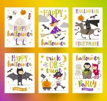 uppsättning halloween semester affischer eller gratulationskort med seriefigurer och typ design. vektor illustration.