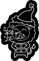 karikaturikone eines brüllenden löwen mit geschenk, das weihnachtsmütze trägt vektor