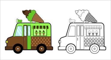 Malbuch. Cartoon-Fast-Food-Auto mit einem großen Eis für Malvorlagen für Kinderaktivitäten. Vektor-Illustration vektor