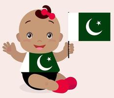 lächelndes Babykleinkind, Mädchen, das eine Pakistan-Flagge lokalisiert auf weißem Hintergrund hält. Vektor-Cartoon-Maskottchen. feiertagsillustration zum tag des landes, unabhängigkeitstag, flaggentag. vektor