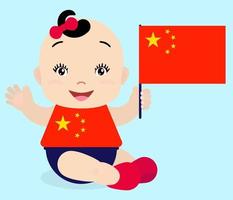 lächelndes Babykleinkind, Mädchen, das eine China-Flagge lokalisiert auf weißem Hintergrund hält. Vektor-Cartoon-Maskottchen. feiertagsillustration zum tag des landes, unabhängigkeitstag, flaggentag. vektor