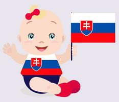 lächelndes Babykleinkind, Mädchen, das eine slowakische Flagge lokalisiert auf weißem Hintergrund hält. Vektor-Cartoon-Maskottchen. feiertagsillustration zum tag des landes, unabhängigkeitstag, flaggentag. vektor