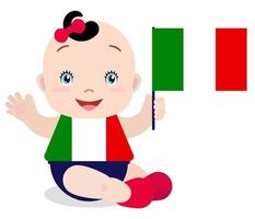 lächelndes Babykleinkind, Mädchen, das eine Italien-Flagge lokalisiert auf weißem Hintergrund hält. Vektor-Cartoon-Maskottchen. feiertagsillustration zum tag des landes, unabhängigkeitstag, flaggentag. vektor