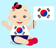 lächelndes Babykleinkind, Mädchen, das eine Südkorea-Flagge lokalisiert auf weißem Hintergrund hält. Vektor-Cartoon-Maskottchen. feiertagsillustration zum tag des landes, unabhängigkeitstag, flaggentag. vektor