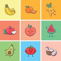söt tecknad uppsättning frukt och grönsaker i vektor