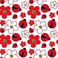 Vektorsommerhintergrund, nahtloses Muster. Muster mit roten Blumen und Marienkäfern. verwendung für modebekleidung, t-shirt-druck, textil, oberflächendesign. vektor