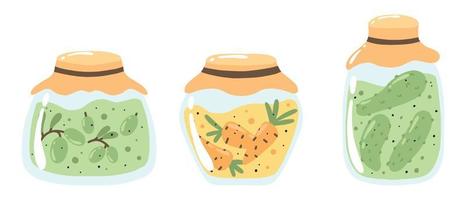 pickles set. hemlagad pickles med gurka, oliver och morötter. hem konserverade grönsaker. vektor illustration.