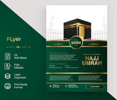 flyer-design für hajj umrah mit grüner und goldener farbe vektor