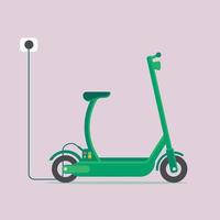 trendiges Scooter-Laden. Elektroroller mit Sitzsattel und Ladegerät. Ökologischer Transport. Vektorillustration, flaches Design. moderner Transport vektor