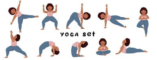 ein satz eines mädchens, das yoga yoga tut. ein rundliches Mädchen in verschiedenen Posen auf weißem Hintergrund. vektor