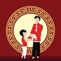 Illustrationsvektorgrafik eines Vaters gibt seiner Tochter rote Pakete, perfekt für chinesischen Tag, Religion, Feiertag, Kultur, Grußkarte usw. vektor