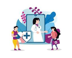 Illustrationsvektorgrafik eines Arztes auf einem Smartphone-Bildschirm, die zwei Personen zeigt, die Medikamentenkapseln und ein Erste-Hilfe-Set tragen, perfekt für Medizin, Apotheke, Krankenhaus, gesund usw. vektor