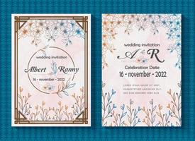 schöne und luxuriöse hochzeitseinladungskartenvorlage, randmusterrahmendesign, blumen- und blattumrissdekoration, auf einem weißen hintergrund, der mit aquarellen verziert ist vektor