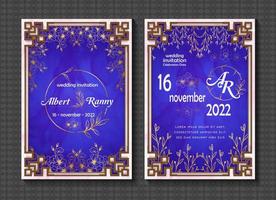 Vektor-Set von Vorlagen für Hochzeitseinladungskarten, Rahmendesigns und Blumen- und Blattgoldumrissdekorationen, isoliert auf blauem Hintergrund, verziert mit Aquarell