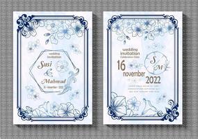 Vektorset von Hochzeitseinladungskartenvorlagen, Rahmendesigns und floralen Umrissdekorationen, Blätter, isoliert auf einem weißen Hintergrund, der mit Aquarell verziert ist