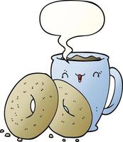 Cartoon-Kaffee und Donuts und Sprechblase in glattem Farbverlauf vektor