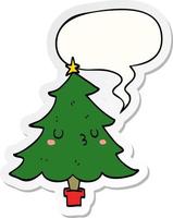niedlicher Cartoon-Weihnachtsbaum und Sprechblasenaufkleber vektor