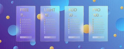 glasmorfismeffekt. genomskinligt frostat akrylkort. abonnemangsplan välj. gula gradientcirklar på violett blå bakgrund. realistisk glasmorfism matt plexiglas form. vektor