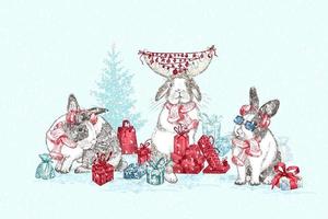handritade kaniner i röd vintermössa, halsduk, horn och krans med bollar xmas krans kanin symbol kinesiska nyåret 2023. juldekor. tatueringskonst. gravyr stil design. vektor