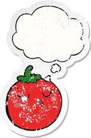 Cartoon-Tomate und Gedankenblase als beunruhigter, abgenutzter Aufkleber vektor