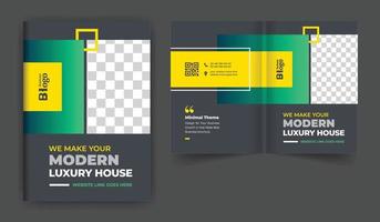 fastigheter eller byggföretag broschyr omslag design tema mall. abstrakt färgglad kreativ och modern dubbelvikt flersidig layout vektor