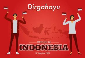 ein paar indonesische männer und frauen in rot-weißer kleidung halten die indonesische flagge mit dem hintergrund des indonesischen archipels, um an indonesiens unabhängigkeitstag zu erinnern. vektor