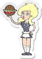 retro nödställd klistermärke av en tecknad servitris med hamburgare vektor