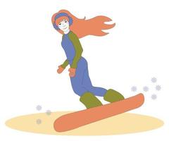 rödhårig tjej med långt hår på en snowboard vektor