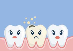 Konzept der Zahnhöhle. Lächelnde gesunde Zähne mit traurigem Karieszahn. Zahnproblem. Zahnschmerzen. vektor