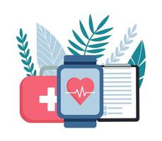 Herzschlagüberwachungs-App auf einer Smartwatch. konzept zur diagnose von herzerkrankungen. gesunder Lebensstil. vektor