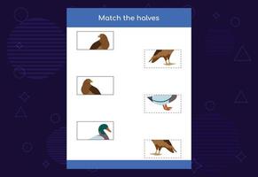 Matching-Spiel. passende Hälften von Vögeln. Lernspiel für Kinder, Arbeitsblatt zum Ausdrucken vektor