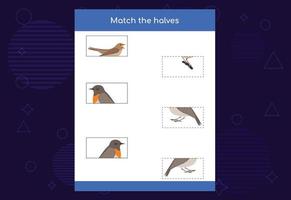 Matching-Spiel. passende Hälften von Vögeln. Lernspiel für Kinder, Arbeitsblatt zum Ausdrucken vektor