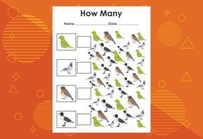 Wie viele Vogelaufgaben. pädagogisches arbeitsblatt für kinderspiele vektor