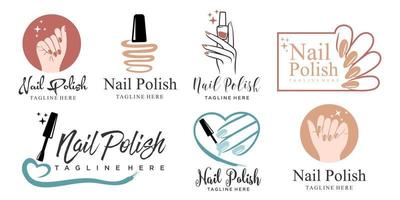 Nagelstudio Icon Set Logo Design Maniküre Vektordesign Nagellack und weiblicher Finger Schriftzug