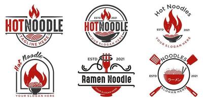 Vintage Hot Noodle Icon Set Logo Design Nudeln, Schüssel und Feuervektor vektor