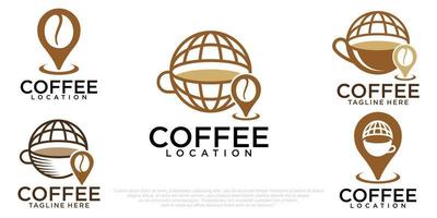 Kaffee-Logo-Design-Vorlage Kombination Tasse, Bohne, Welt und Karte, einfache Icon-Set-Logos vektor