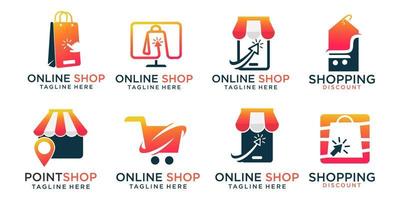 onlinebutik ikonuppsättning logotypdesigner .kombination, butik, shoppingväska, vagn, telefon, dator och karta vektor