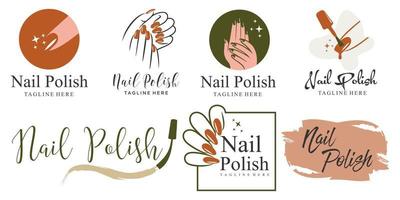 nagelsalong ikonuppsättning logotyp design. manikyr vektor design. nagellack och kvinnlig fingerlogotyp