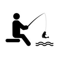 fiskare man bete sjö fisk glyf piktogram. sommar utomhus sport person aktivitet rekreation platt symbol. fiskare med metspö på kustfloden svart siluettikon. isolerade vektor illustration.