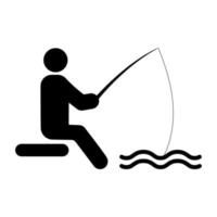 Fischer mit Angelrute auf der schwarzen Silhouette des Küstenflusses. Fischer Köder See Fisch Glyphe Piktogramm. Sommer im Freien Sport Person Aktivität Erholung flaches Symbol. isolierte Vektorillustration. vektor