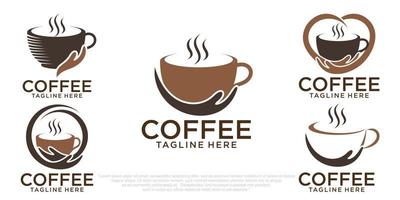 kaffe logotyp designmall kombination kopp och hand, enkel ikonuppsättning logotyper vektor