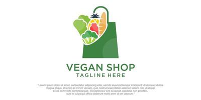 grönsaksbutik. kombination av vegan och shoppingkassar. premium logotyp mallar vektor