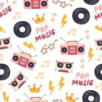 nahtloses muster der retro-popmusikparty lokalisiert auf weiß. Textildruckdesign im Vintage-Stil mit Kassette, Boombox und Vinyl. heller wiederholter hintergrund. hand gezeichnete flache vektorillustration vektor